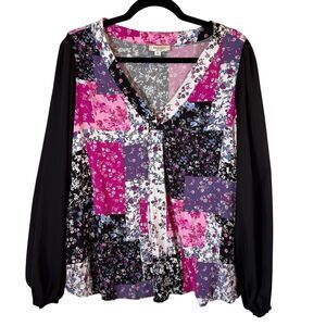 Andree By‎ Unit Womens 1X Blouse Long Sleeve Patchwork V-Neck Travel Lightweight